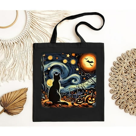 vintage Halloween Van Gogh Starry Night Black Cat Pumpkins Bats Tote Bag-TH14334