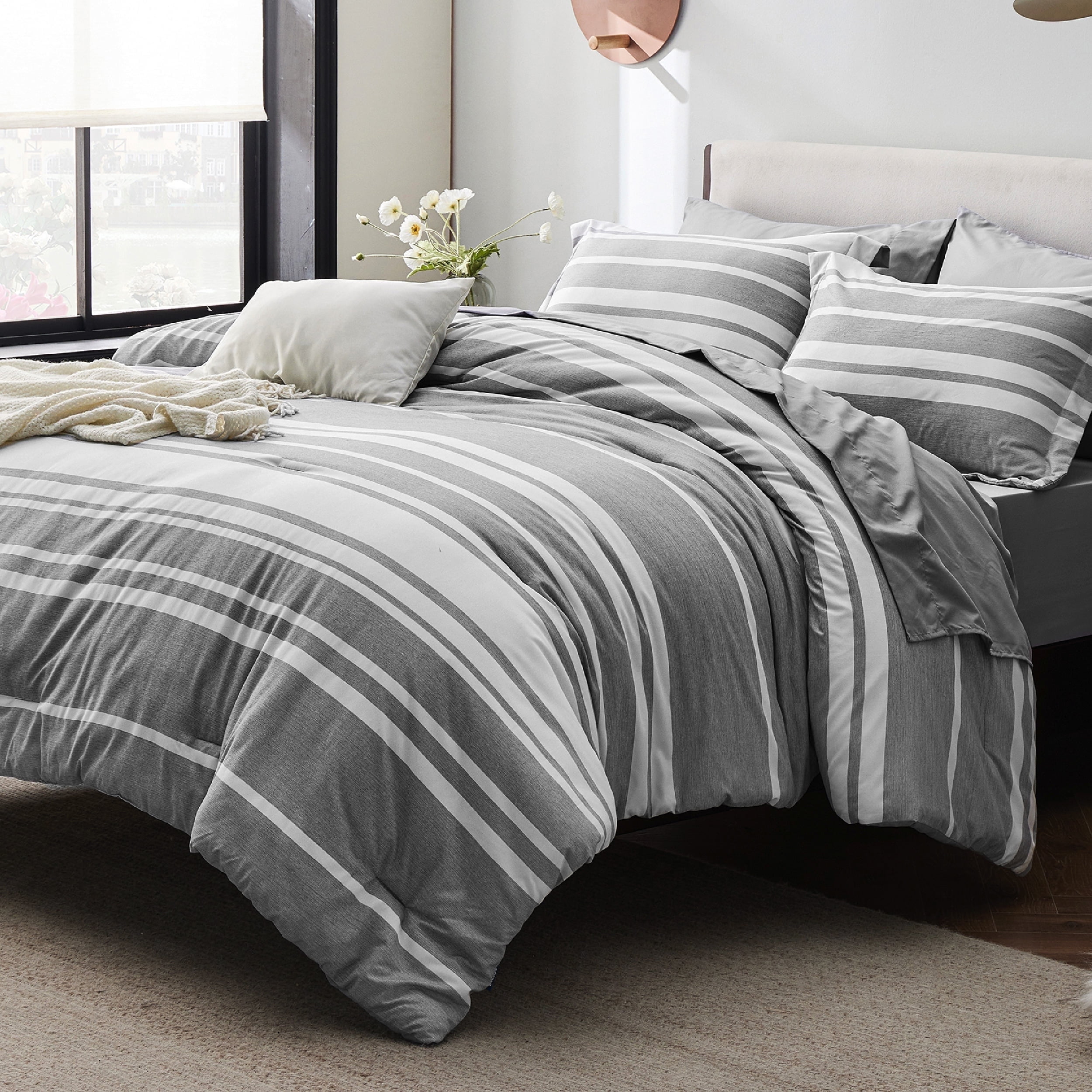 U by Bedsure King Comforter Set, 7 Pieces Gray White Striped Bedding Sets All Season, Bed in a Bag with Comforter, Sheets, Pillowcases & Shams