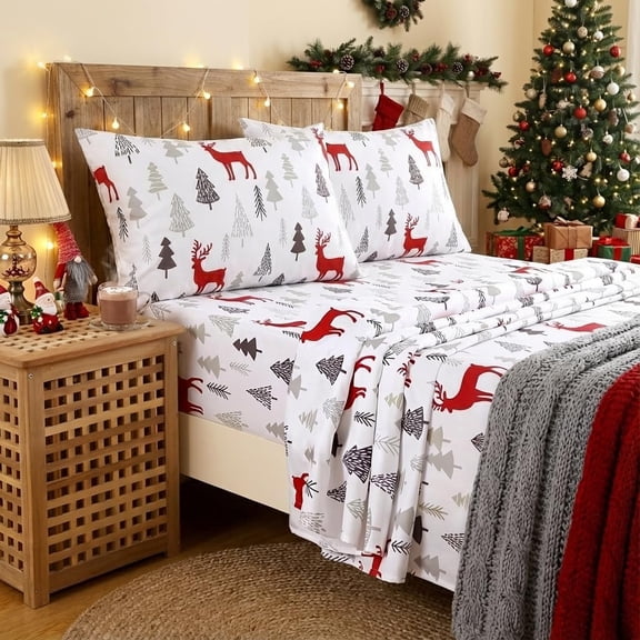Christmas Sheets Queen Featuring Soft Brushed Microfiber Bed Sheet Set, 16 Inches Deep Pocket Fitted Sheet Winter Holiday Sheets Set (Christmas Pattern, Queen)