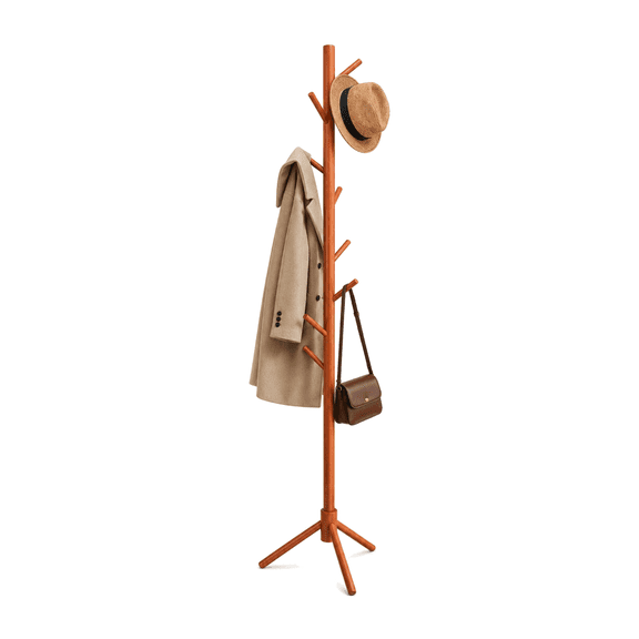 TARNIQOZ Wooden Coat Rack, Freestanding Coat Tree and Coat Stand with 8 Hooks, 3 Adjustable Heights for Entryway