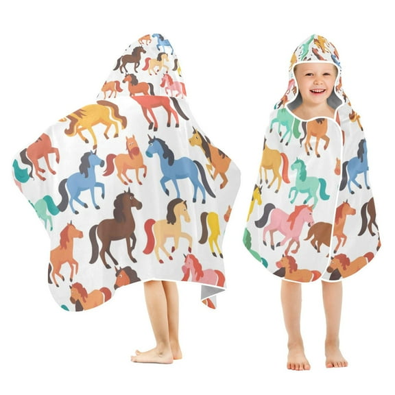 Colorful Running Horses Toddler Hooded Beach Towel 24" x 50" Kids Bath Towels Soft Quick Dry for Swim Pool Boys Girls