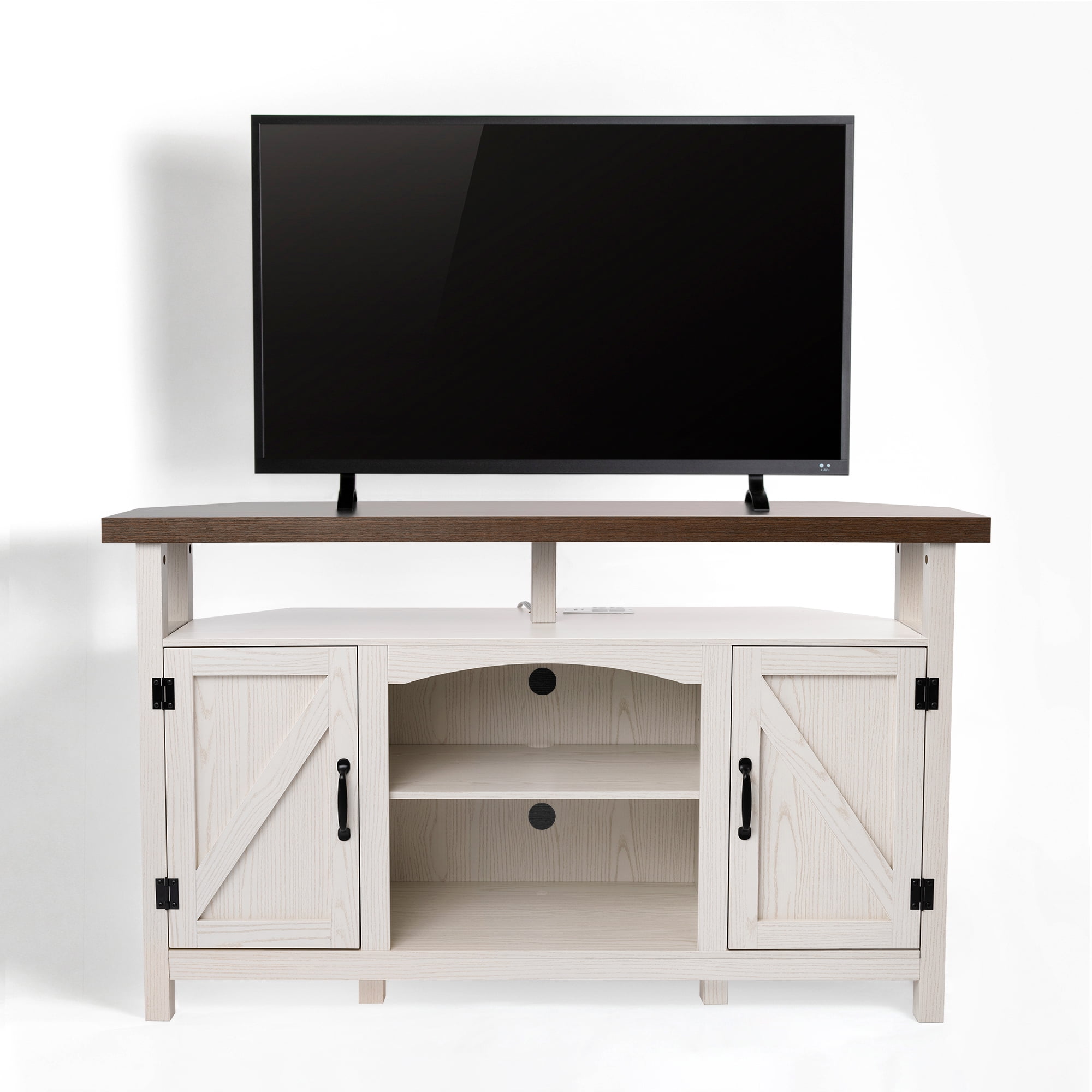 StorageWorks Farmhouse Corner TV Stand for TVs up to 60", Entertainment Center with Sliding Barn Doors and Storage Cabinets, Oak White