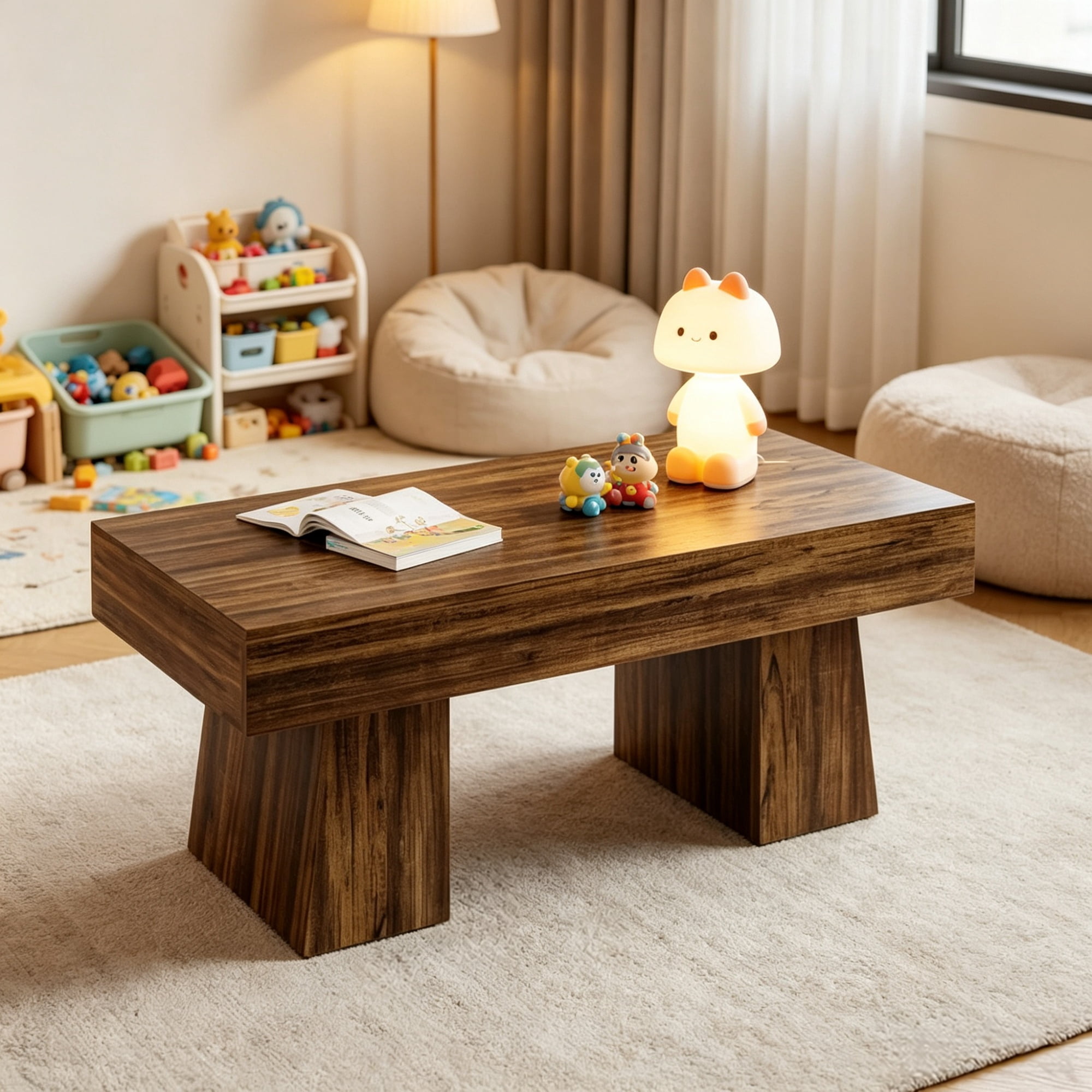 Rustic Farmhouse Coffee Table with Chunky Base, 52.76 in L x 25.98 in W x 4.33 in H, 54.90 lb