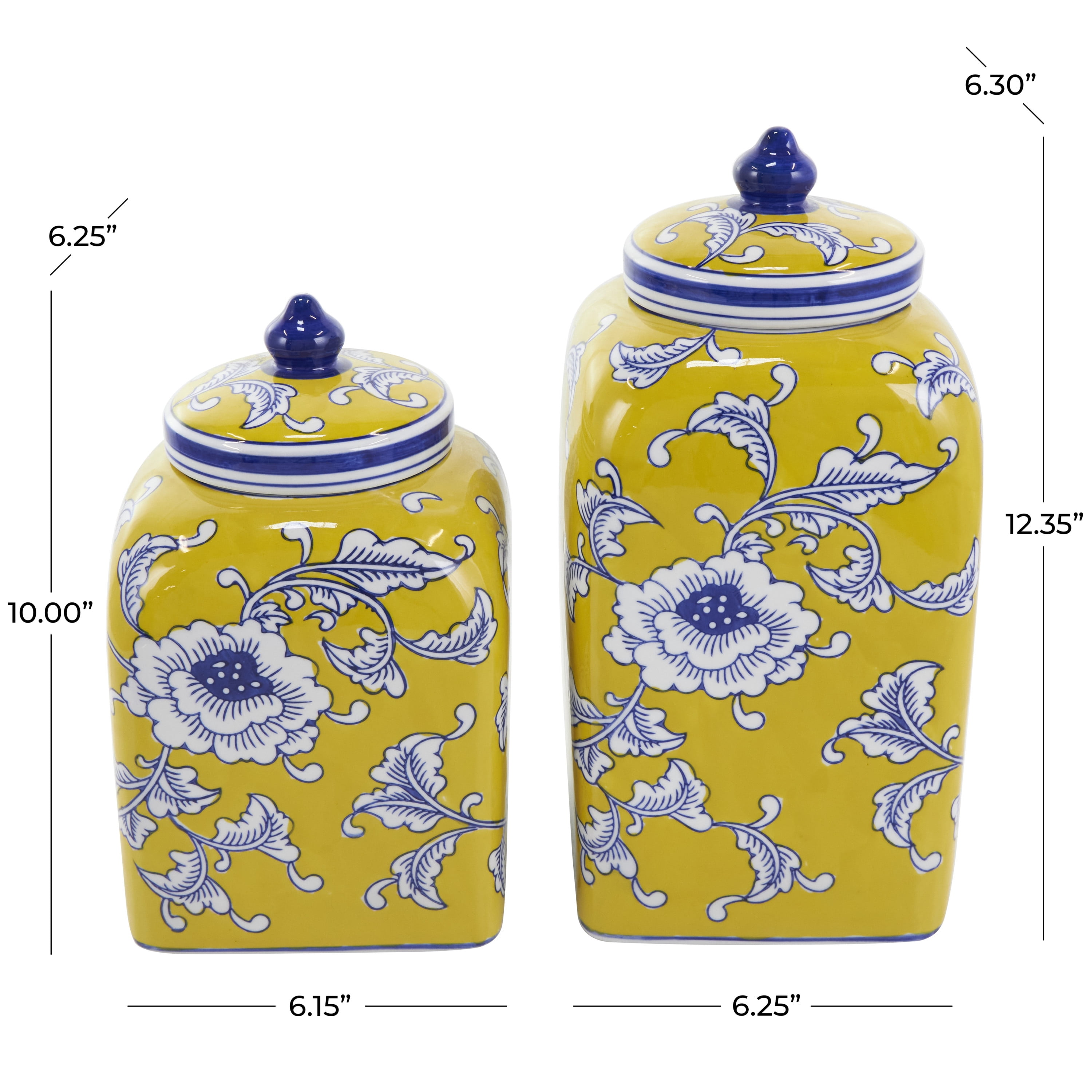 DecMode 10", 12"H Yellow Ceramic Floral Decorative Jars with Blue and White Accents, 2-Pieces