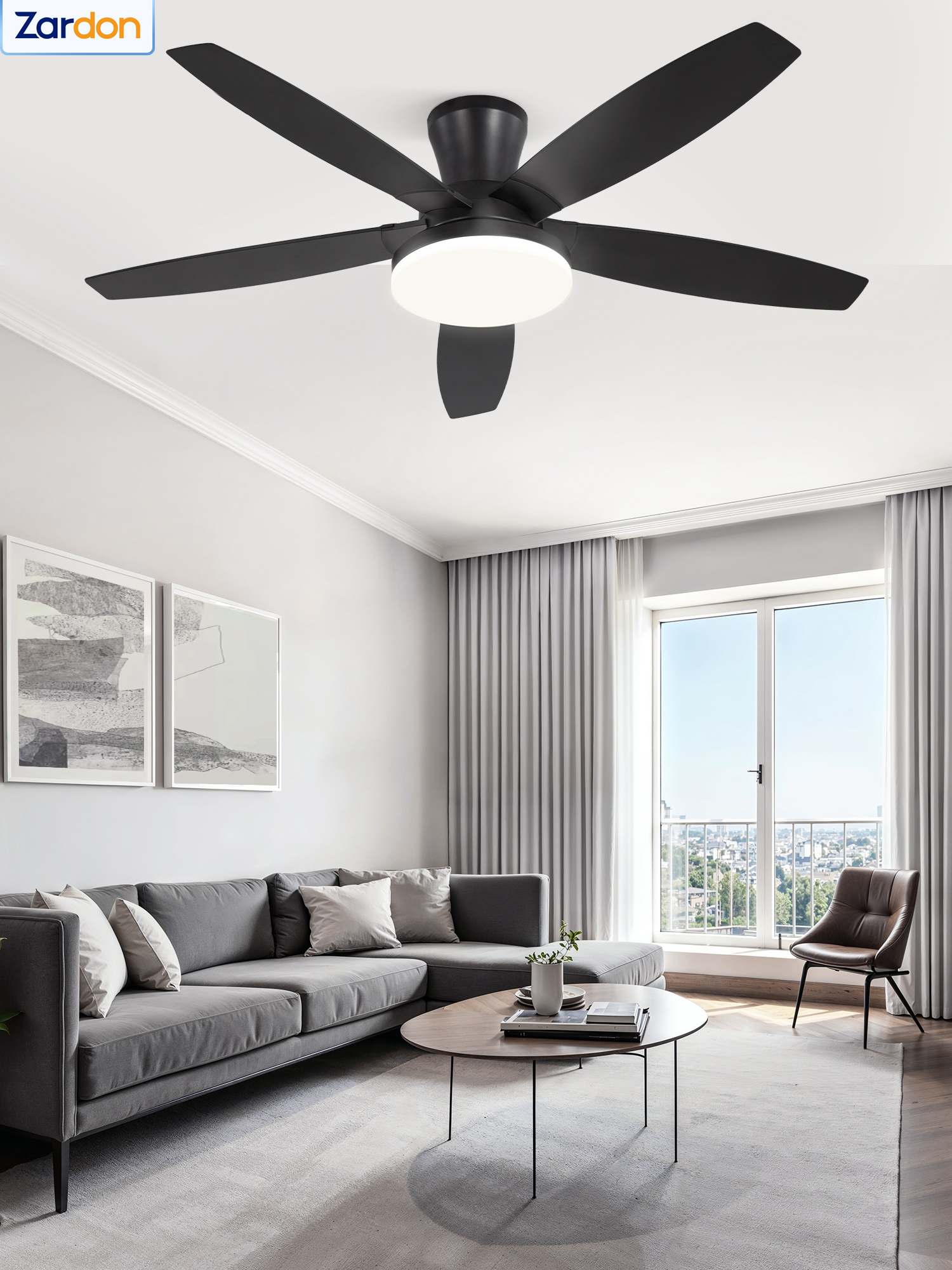 Zardon 48in Ceiling Fans with Light and Remote Control, Flush Mount Ceiling Fans with Reversible 6 Speeds, for Indoor, Outdoor, Black