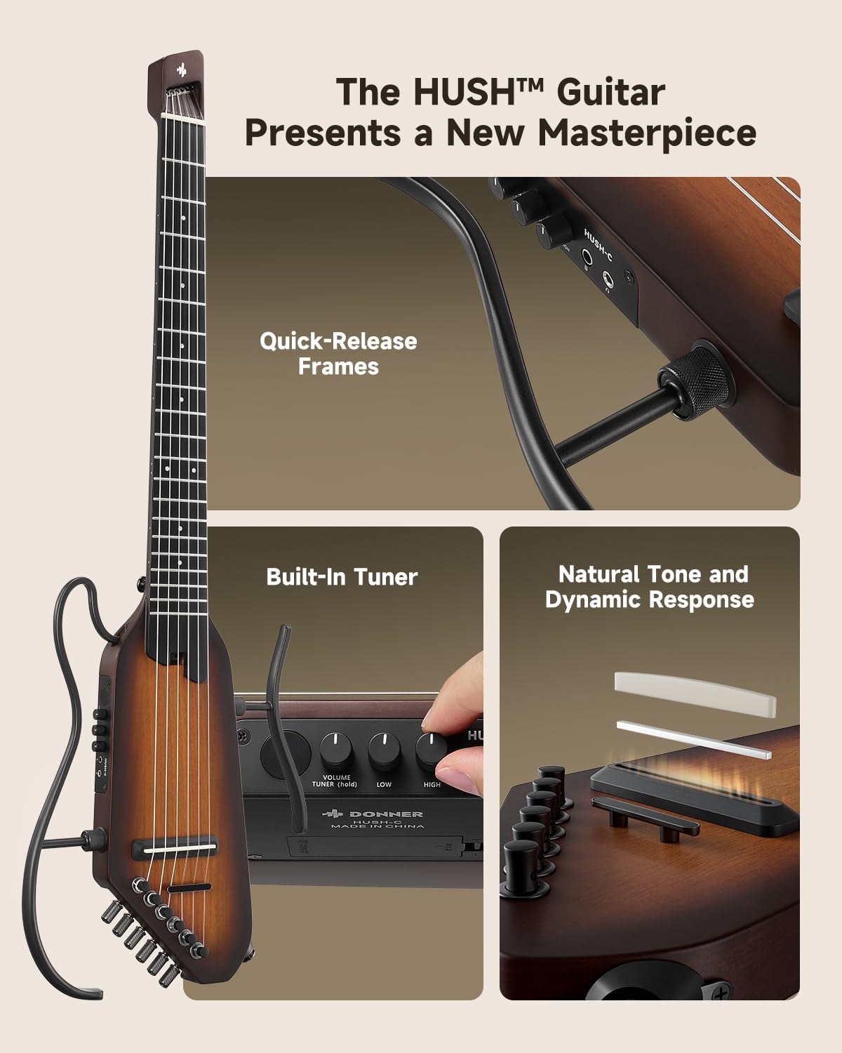 Donner HUSH C Acoustic-Electric Nylon String Classical Guitar– Ultra-Lightweight Travel Guitar with Built-In Tuner, HPS-II Preamp, Headphone Jack & Quick-Release Stand – Sunburst