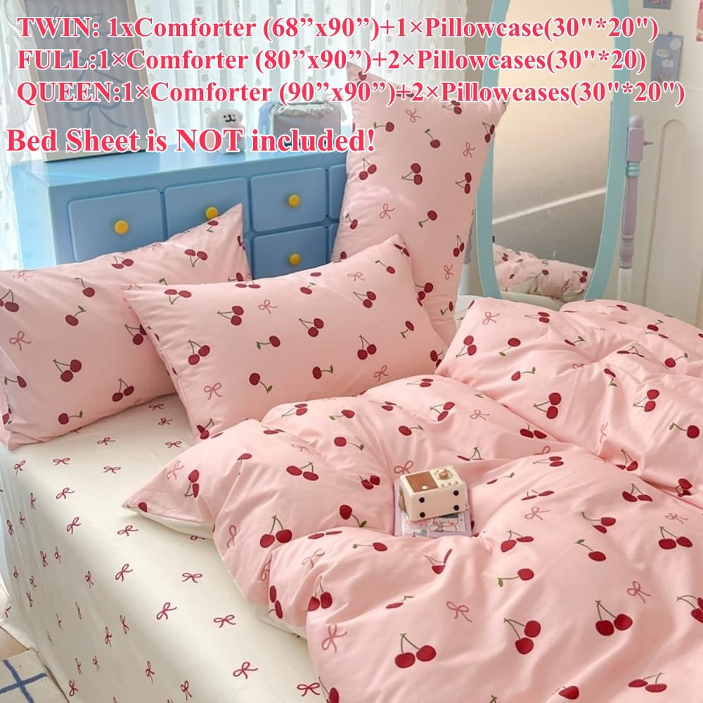 JOLUSERE 2-Piece Red Cherries with Pink Bows Comforter Twin Set , Soft Aesthetic Cherry Pattern Bedding Set for Kids Adults