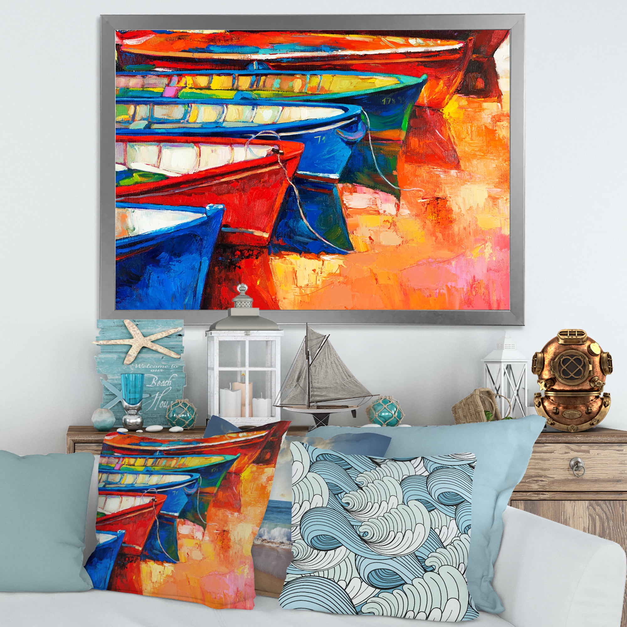 Boats During Warm Colored Sunset In The Harbor II 20 in x 12 in Framed Painting Canvas Art Print, by Designart