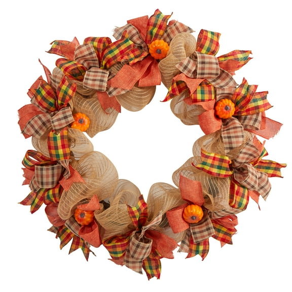 Nearly Natural 30in. Autumn Pumpkin with Decorative Bows Artificial Fall Wreath