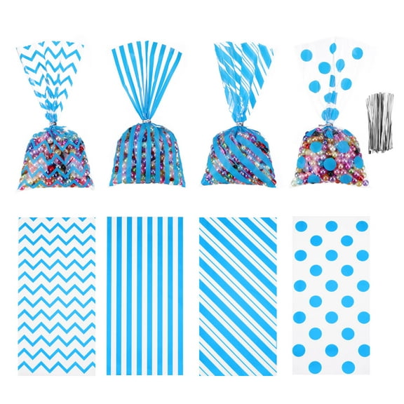 Uxcell 100Pcs 11"x5" Treat Bags with 100 Silvery Ribbons for Small Gift Party, Snacks Blue