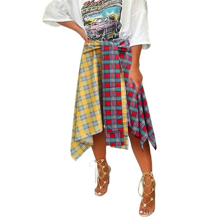 

Qufokar Maternity Skirts Skirt Pants for Women Womens Casual Plaid Belt Skirt Splice Skirt Irregular Hem Split Elastic Waist Midi Skirt