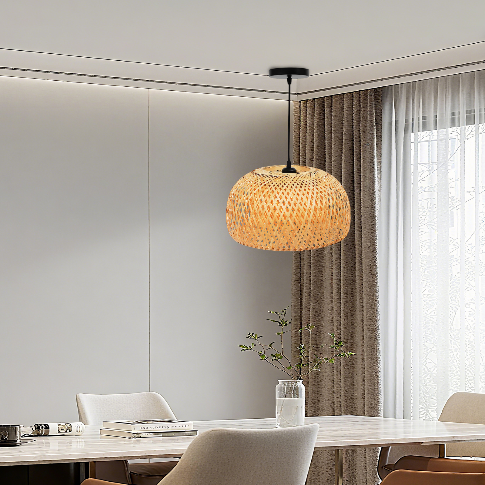 Vintage Bamboo Wicker Rattan Lantern Pendant Light Fixture Hanging Ceiling Lamp 110V 40W 14.96*7.87in for A Living Room, Dining Room