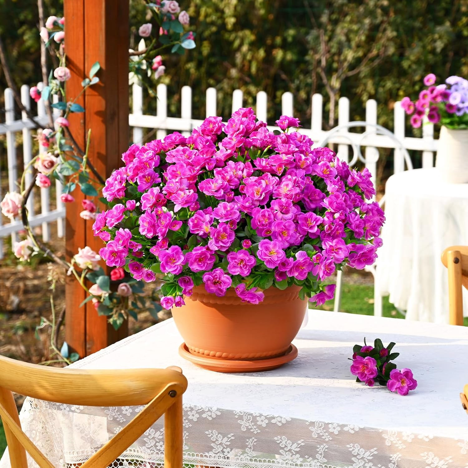 Yastouay 8 Large Bundles Artificial Camelia Flowers for Outdoors, UV Resistant Fake Flowers for Planter, Purple Outdoor Faux Plants for Garden Balcony Yard Porch