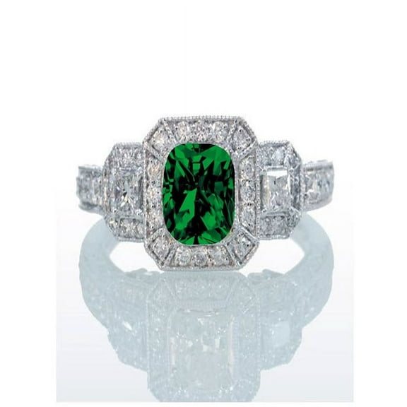 2 Carat Princess Cut Trilogy Emerald and Diamond Vintage Halo Engagement Ring on 10k White Gold