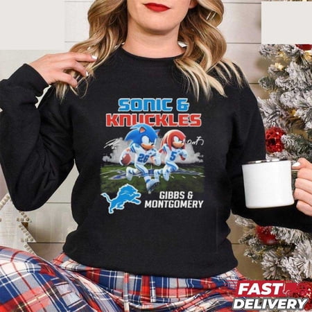 Detroit Team Lions Logo Sonic Jahmyr Gibbs And Knuckles David Montgomery Sweatshirt Crewneck Sweatshirt, Size M, Tee Navy New