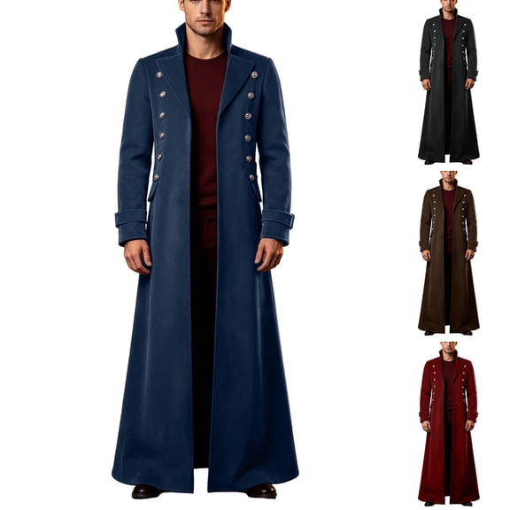 Hulanddfd Mens Coat Long Trench Coat, Stand Collar Zip Up Outerwear with Pockets, Casual Winter Top