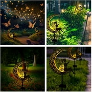 Qoosea Fairy Garden Solar Lights, Fairy Moon Figurine Light Stake, Yard Decorations Outdoor Garden Decor statues, Vintage Gold Lighting