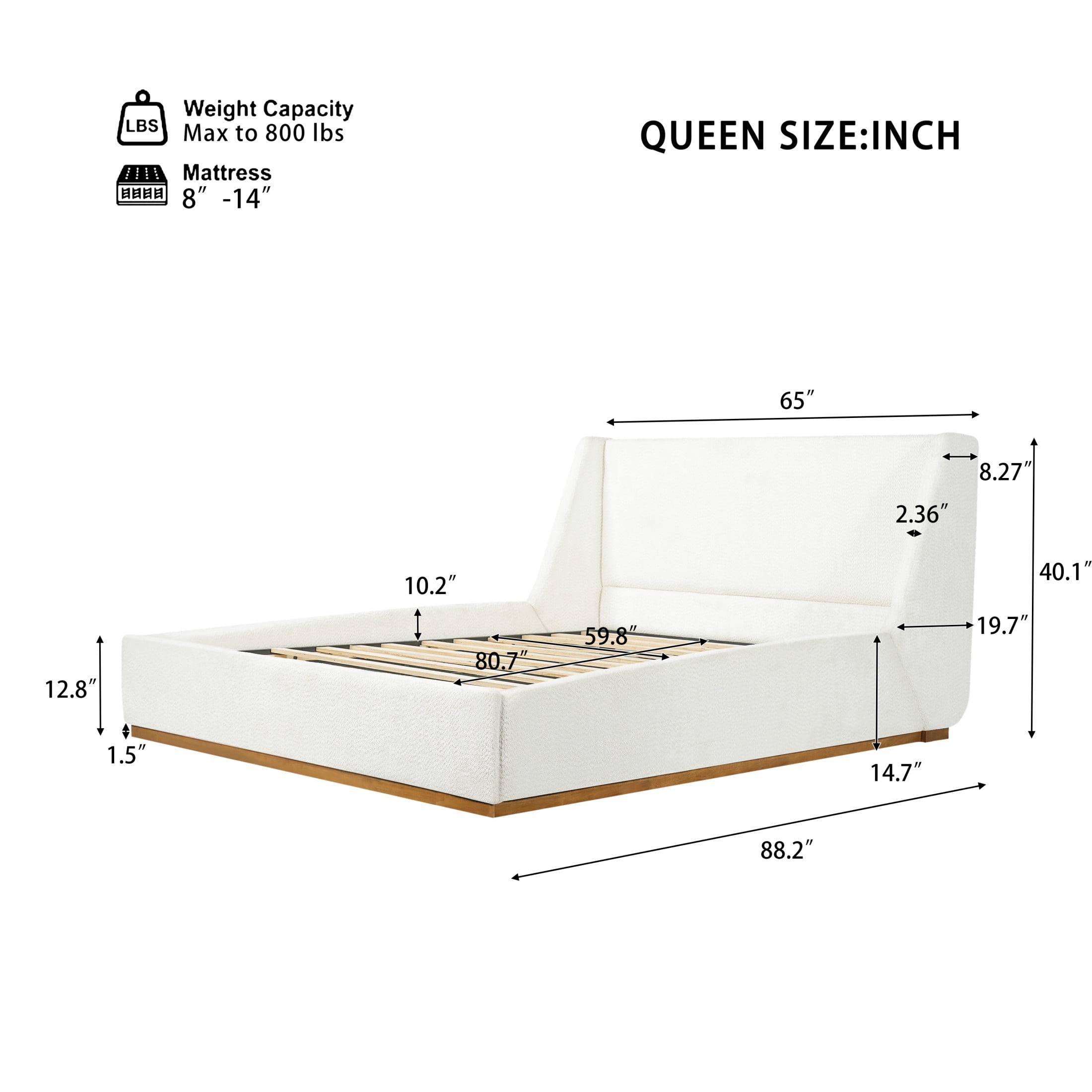 Christopher Knight Home Queen Upholstered Wingback Bed Frame, Rubberwood Base, White