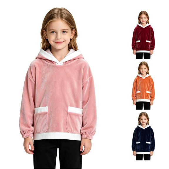LIIPEE Solid Color Hoodies For Girls Cute Warm Long Sleeve Hooded Pullover Kids Fall Winter Comfortable Casual Sweatshirts With Pockets,9-10 Years