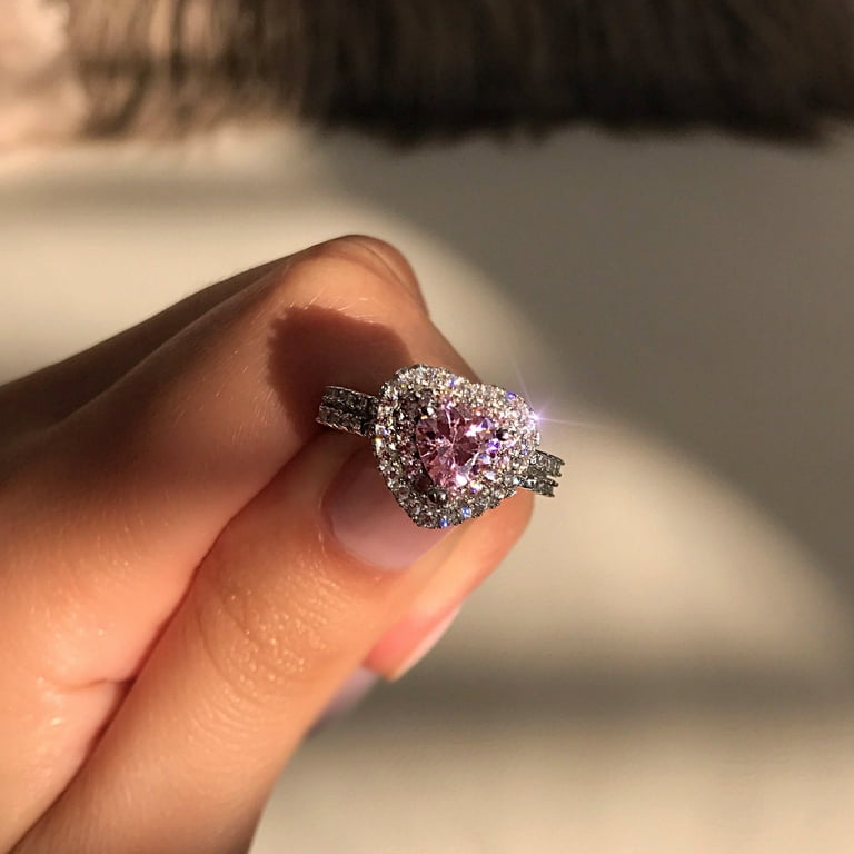 AYYUFE Pink Heart-shaped Rhinestone Ring Platinum Plated Women