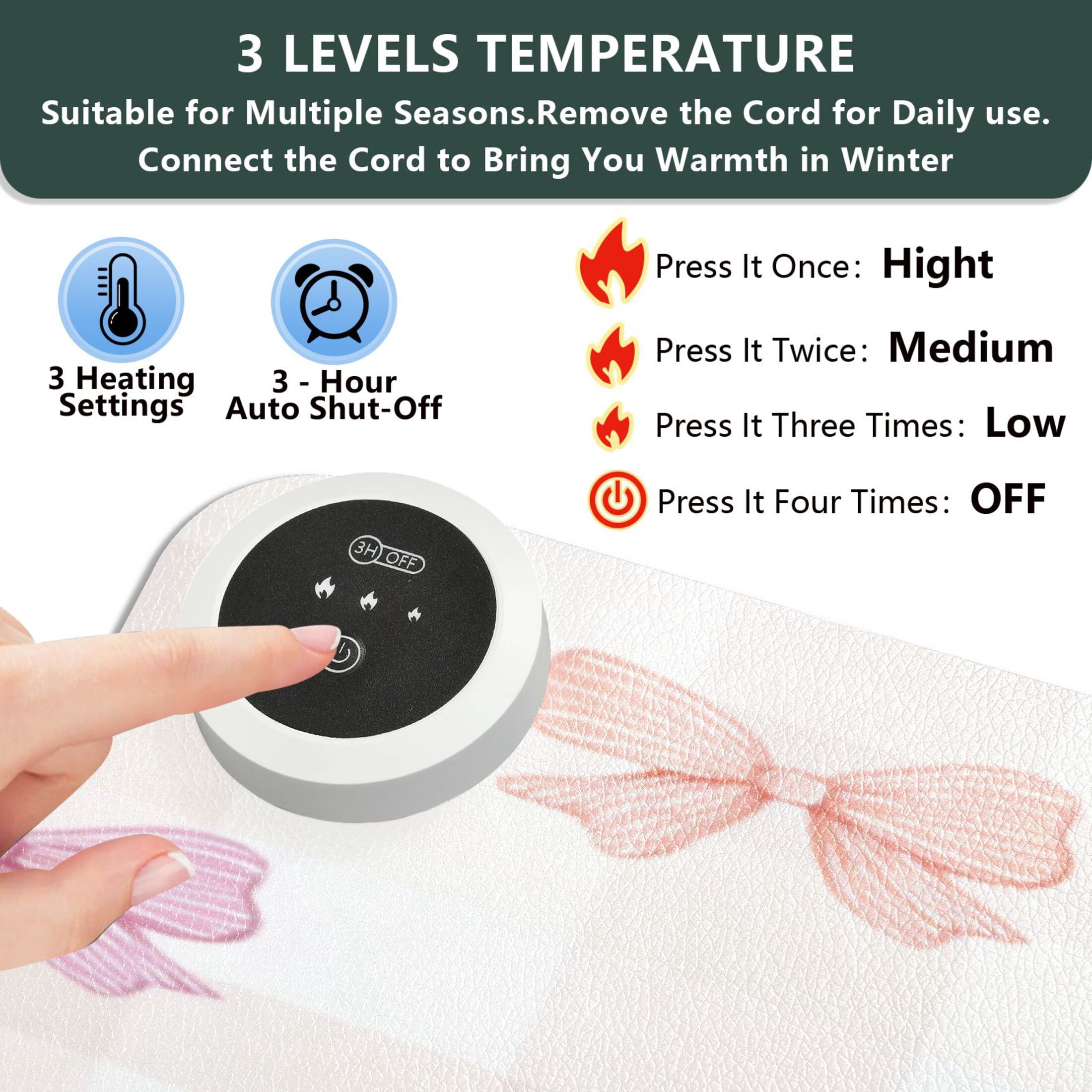 Large Heated Desk Mat Mouse Pad 31.5"x13"PU Leather Graphene Heating Desk Warmer with 3 Temperature Settings 110V US Plug Non-Slip Warm Pad for Home, Office, and Gaming Sweet Pastel Bow Pattern