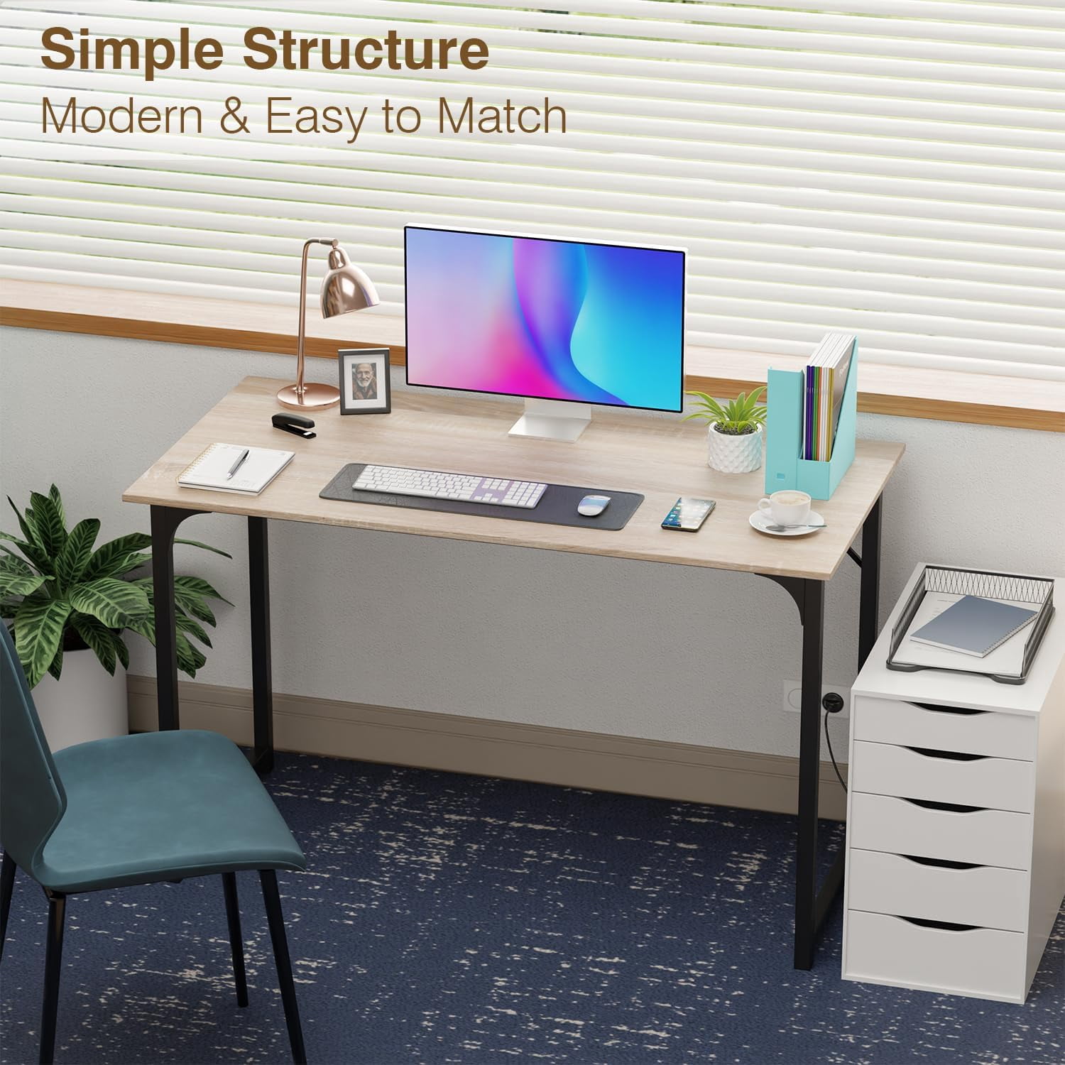 FDW 47.2 inches Computer Desk,Modern Simple Style PC Desk with Metal Frame，Nature