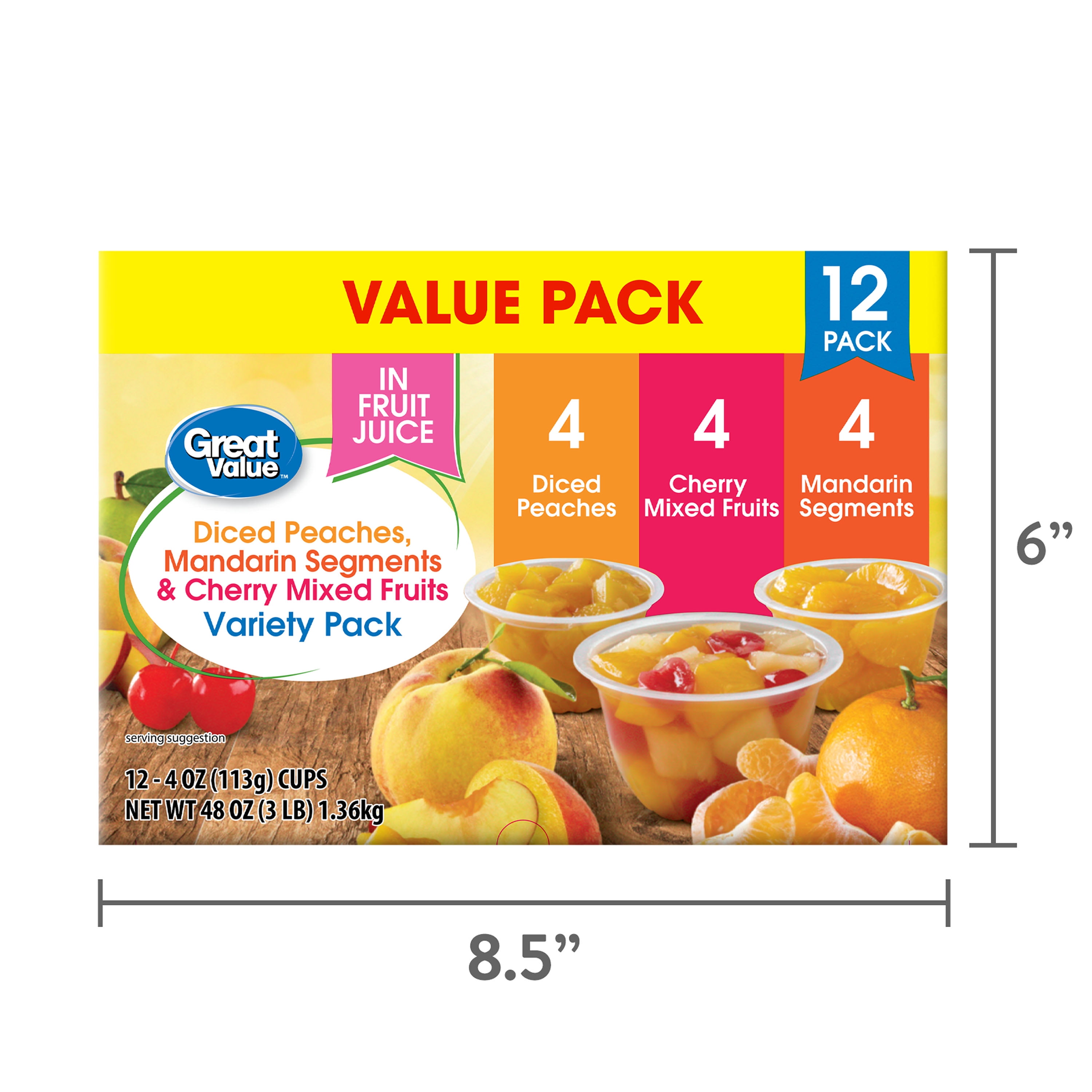 (2 pack) Great Value Diced Peaches, Mandarin Segments, & Cherry Mixed Fruits Variety Pack, 4 oz, 12 Pack