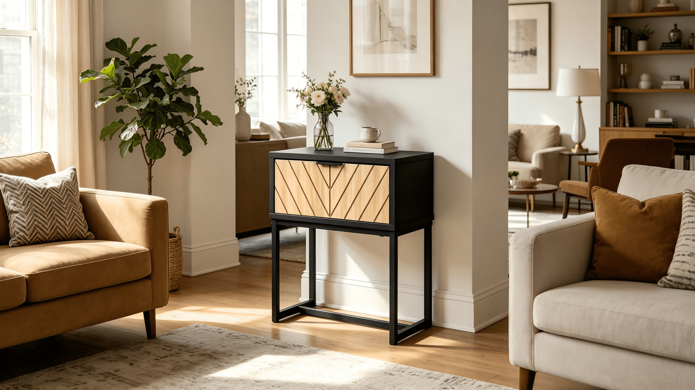 Modern Entryway Console Table with Storage Drawer, Compact Side Accent Table, Black Finish Wooden Drawer Narrow Space Saving Sofa Table for Hallway Living Room
