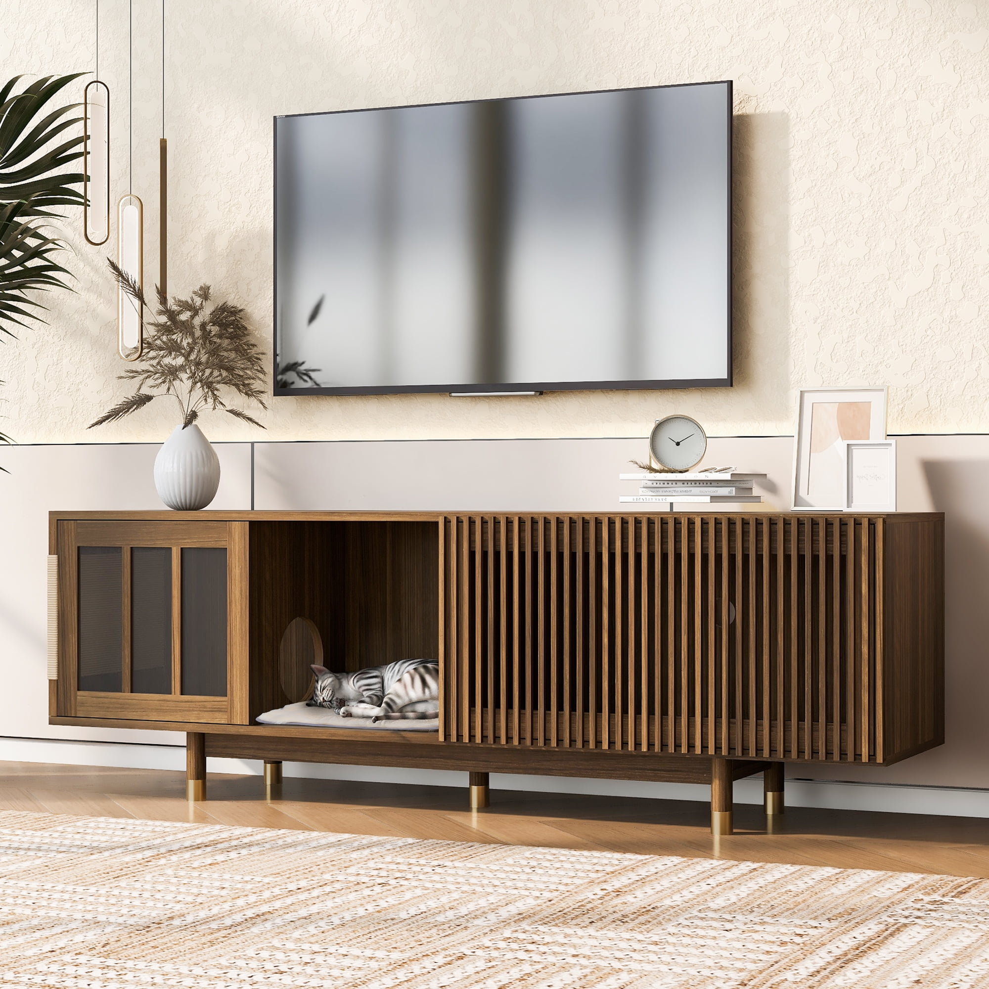 Euroco modern style Walnut TV STAND Cat house pet friendly With Sliding door flip-down