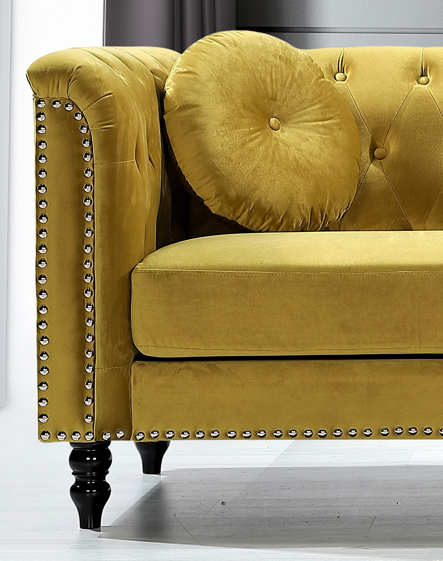 Uspridefurniture Lueck 64.2'' Velvet Rolled Arm Chesterfield Loveseat, Yellow