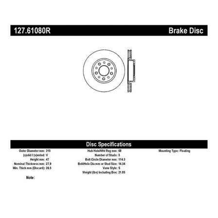 Centric Parts Disc Brake Rotor P/N:127.61080R Fits select: 2008-2009 FORD TAURUS, 2005-2007 FORD FIVE HUNDRED