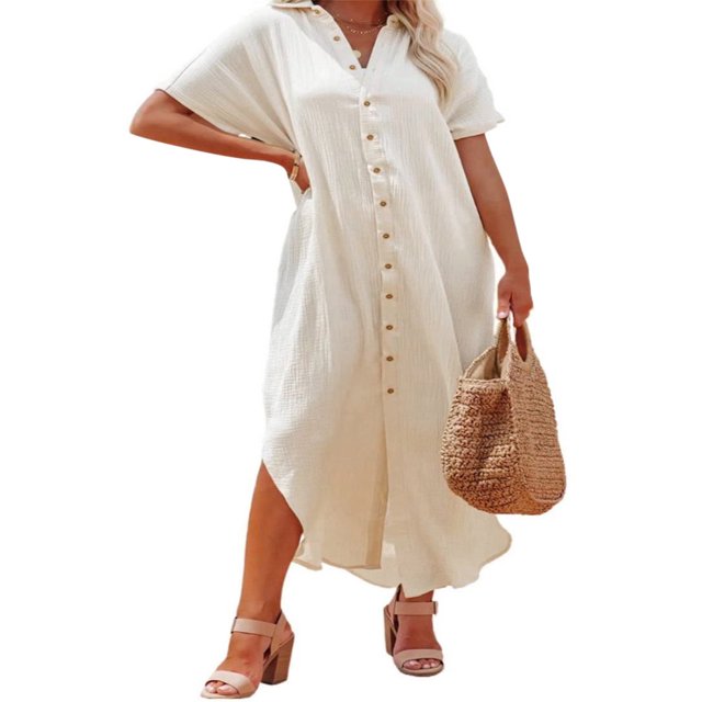 QJUHUNG Robe de Plage pour Femmes, par-Dessus de Maillot de Bain, Manches Courtes, Fente Latérale, Boutonnée, Longue Robe-Chemise, Cardigan, Robe Maxi de Plage