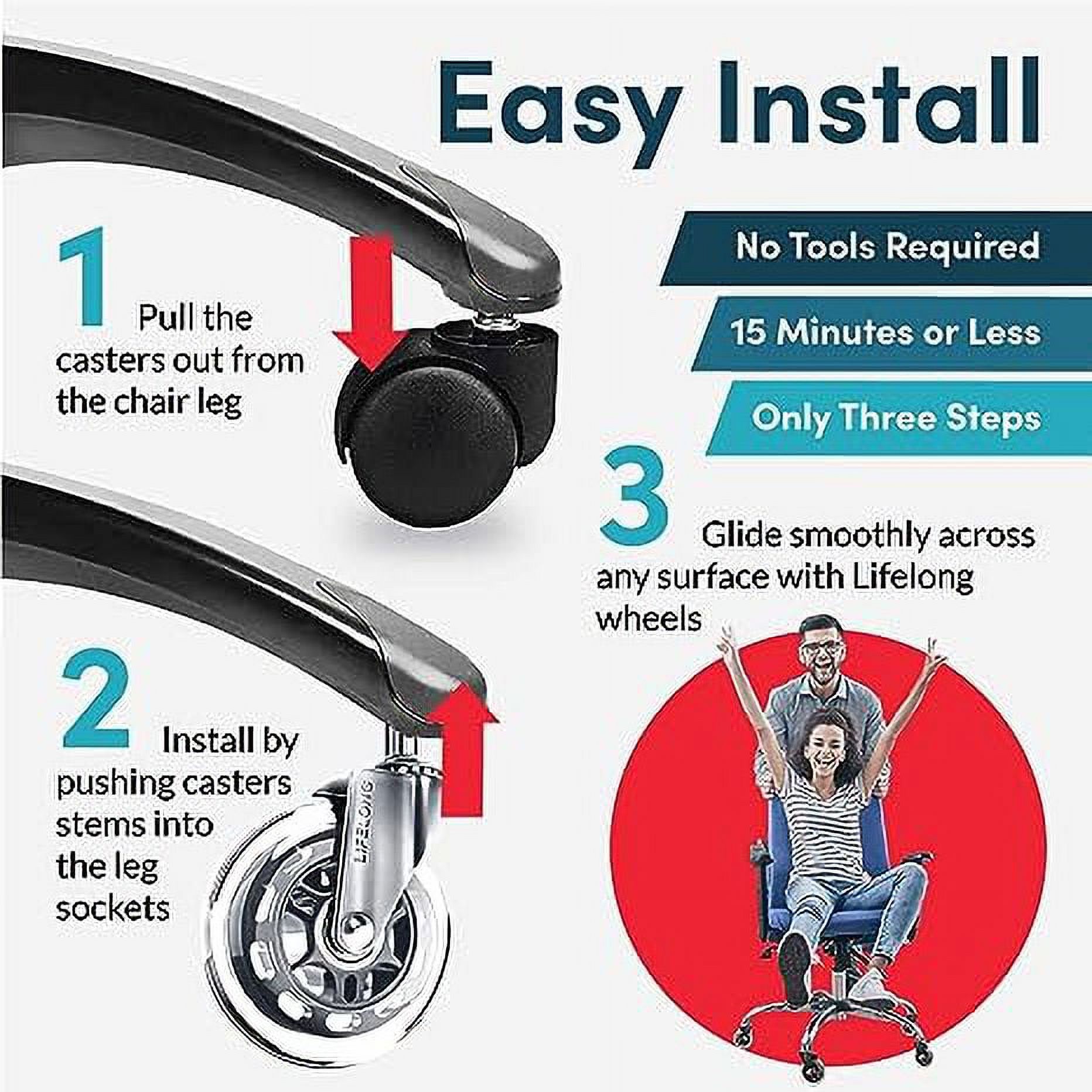Lifelong Office Chair Caster Wheels, Easy Instalation with Safe Glide and Rollerblade Style for Wood, Carpet Floors, Tiles, Universal Fit, Set of 5