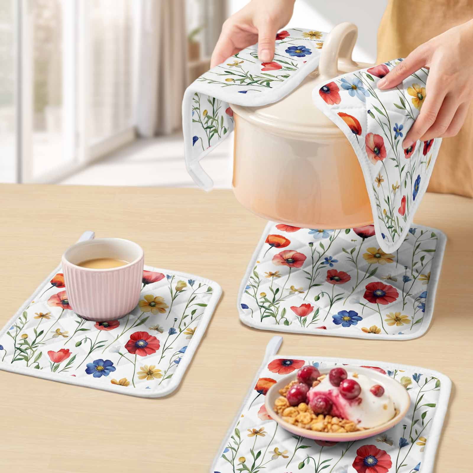 Pink Colorful Poppy Pot Holders for Kitchen Heatproof Potholder, 5 Pack Spring Pastoral Flowers Leaves Hot Pads Multipurpose Oven Pads Cloth Potholders Trivet for Cooking Baking