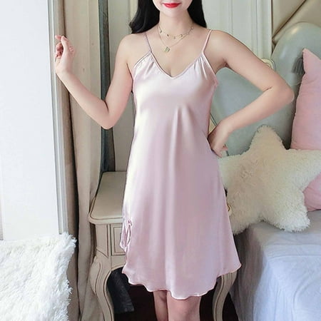 aoksee Satin Nightgowns for Women V Neck Cami Lingerie Nightwear with Side Slits Silk Sleep Dress Spaghetti Strap Sleepwear