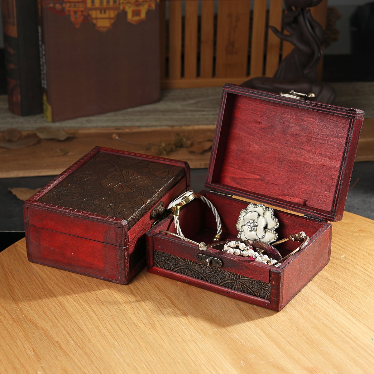 Vintage Wooden Storage Box Trinket Jewelry Treasure Lock Chest ...