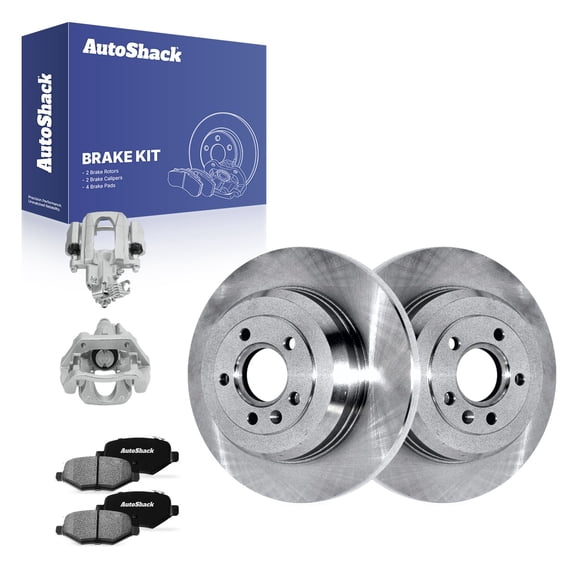 AutoShack Rear Solid Brake Rotors   Ceramic Pads   Calipers 8-PC Brake Kit Replacement for 2010-2012 Ford Taurus 12.99" (330 mm)