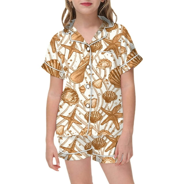 HNMKIU Ensembles pour Filles Automne 2025 Ensembles 2 Pcs Pyjamas pour Enfants Enfants Imprimé Graphique Chemise à Boutons à Manches Courtes Shorts Ensemble de Pyjama