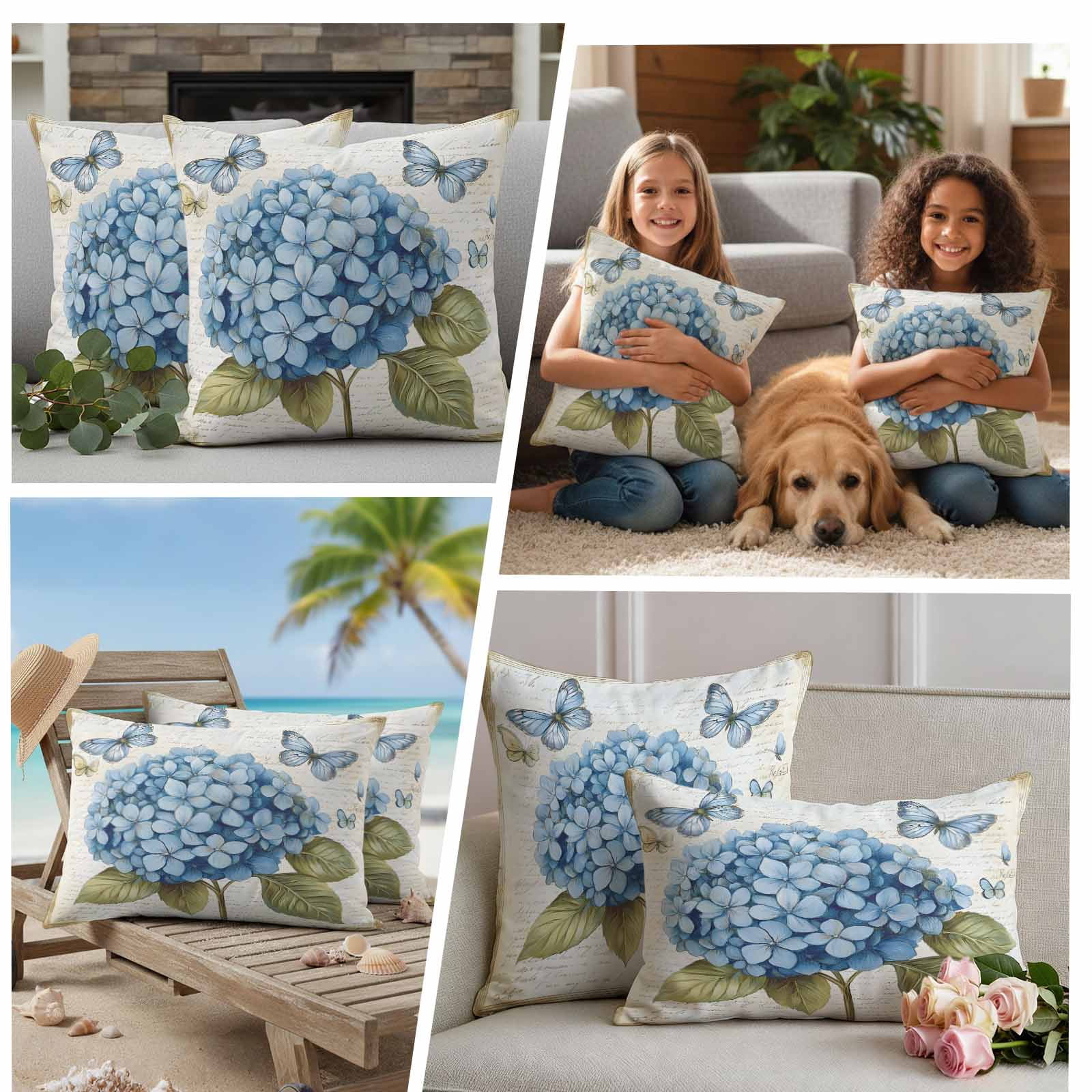 Blue Hydrangea Outdoor Waterproof Pillow Covers, Spring Vintage Botanical Butterfly Decorative Rectangle Throw Pillowcase Sofa Cushion Sham for Patio/Couch/Chair, 20"x12" 2 Pack