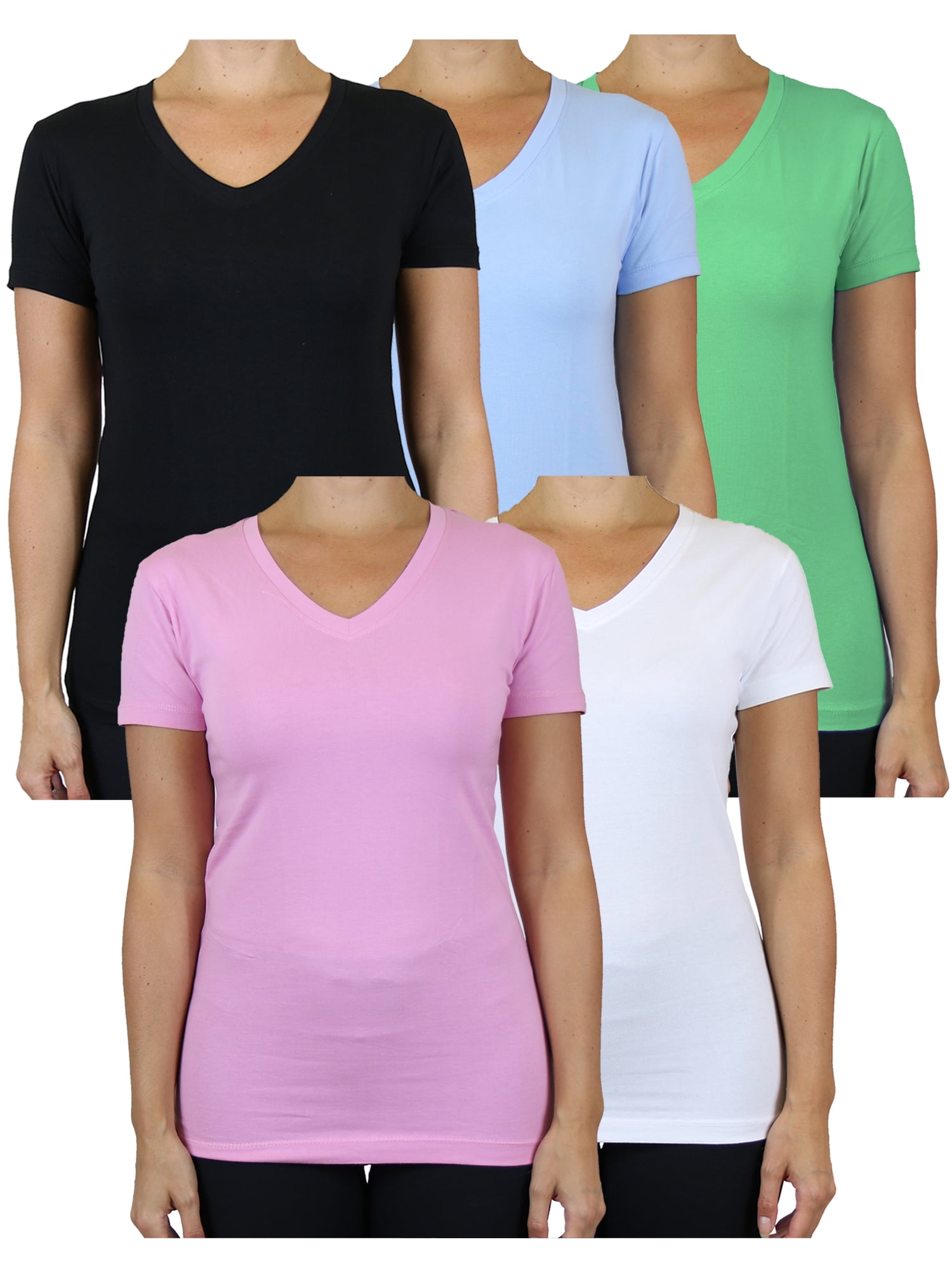 Women Basic Short Sleeve Stretch V-Neck Plain Top Solid Color T Shirt S-3XL 