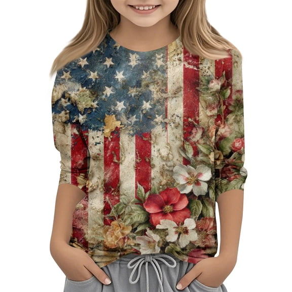 CCRFTGI American Flag Shirts for Kids Girls Size 10-12 4th Of July Cute Tops 3/4 Sleeve Round Neck Patriotic Stars Striped Tee Red White and Blue Summer Shirts T-Shirts Beige 3-4 Years