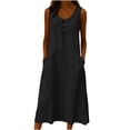 thumbnail image 3 of Yangnuo Women's Washed Wrinkle Cotton Linen Dress Ladies Crew Neck Sleeveless Casual Maxi Dress with Buttons & Side Pockets, Solid Loose Fit. Black L, 3 of 6