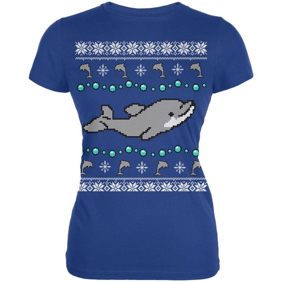 Ugly Christmas Sweater Dolphin Juniors Soft T Shirt Royal YXL