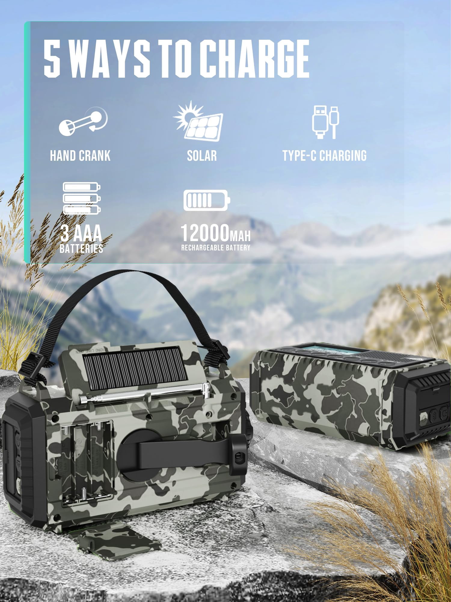 Hand Crank Solar Emergency Radio With 2x Faster Clear Signal& 12000mah Operated Auto Noaa Weather Alert/sw/am/fm Portable 6-way Power Flashlight  Phone Sos Alarm