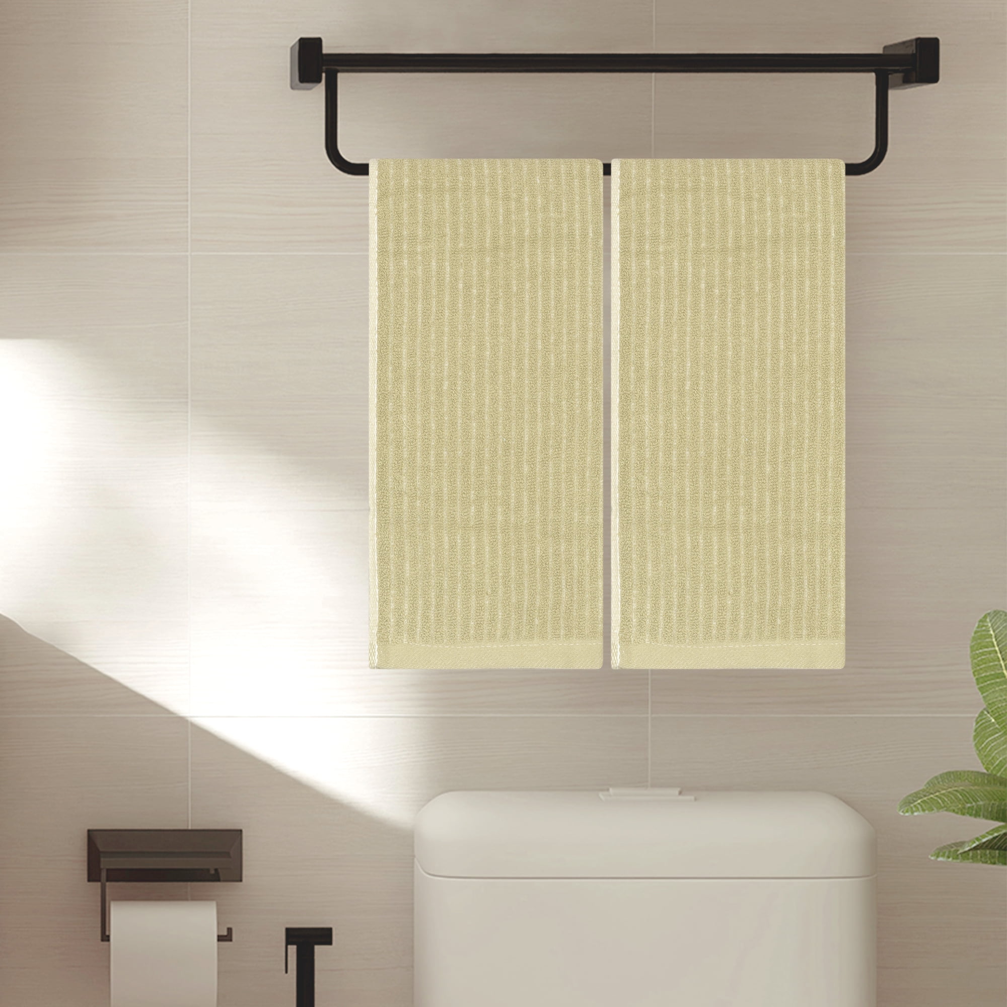 Unique Bargains Striped Pattern 2 Pack Hand Towels Absorbent and Quick Drying Towel Khaki 13" x 29"