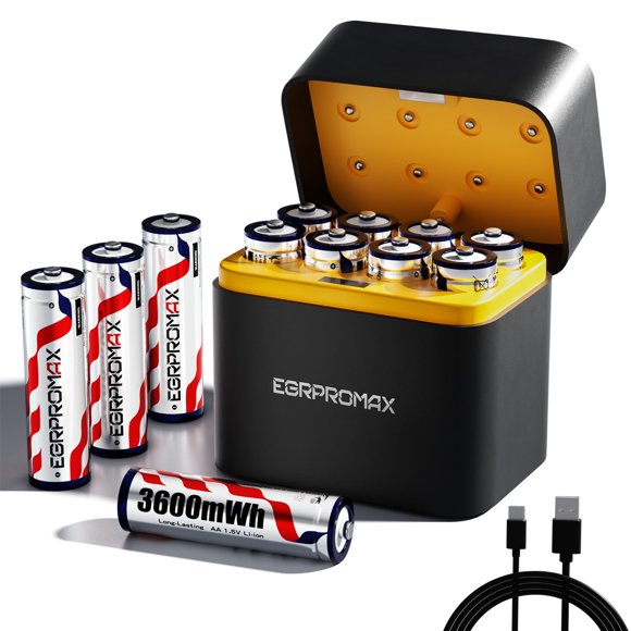 Pilas AA de litio recargables EGRPROMAX 3600 mWh x12 con cargador