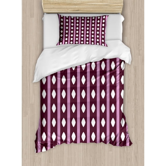 Geometric Duvet Cover Set Twin Size, Style Soft Purple Toning Parallel Stripes and Diamond Shapes, Decorative 2 Piece Bedding Set with 1 Pillow Sham, Maroon Pale Pink White, by Ambesonne