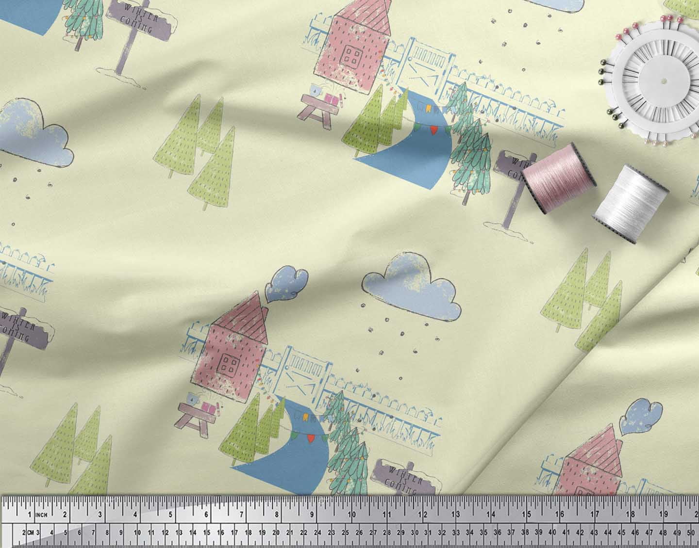 Soimoi Yellow Rayon Fabric Clouds & Tree Christmas Print Fabric by the Yard 42 Inch Wide