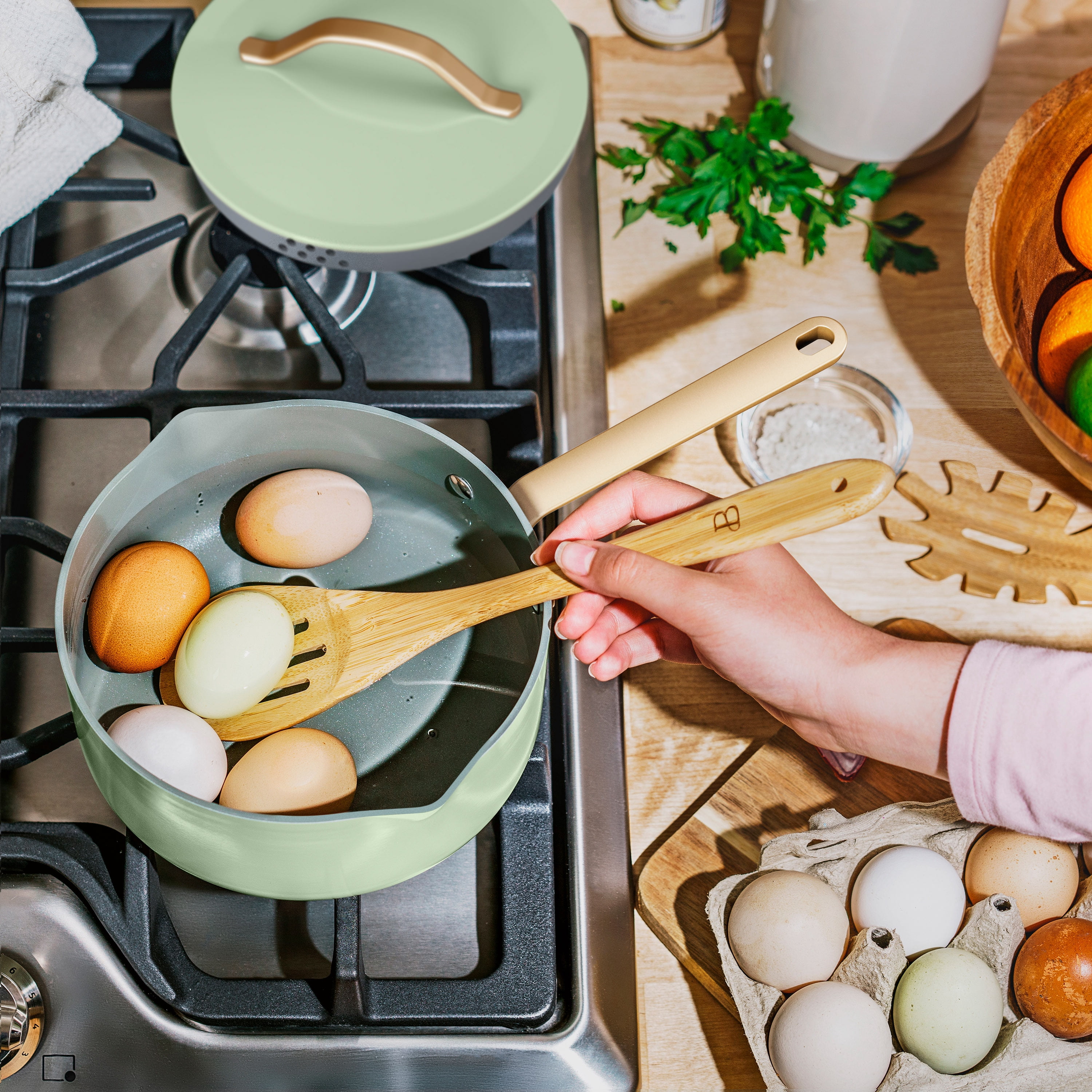 Beautiful 18-Piece Ceramic Nonstick Cookware Set, Pots & Pans with Strainer Lids & Kitchen Utensils, Sage Green by Drew Barrymore