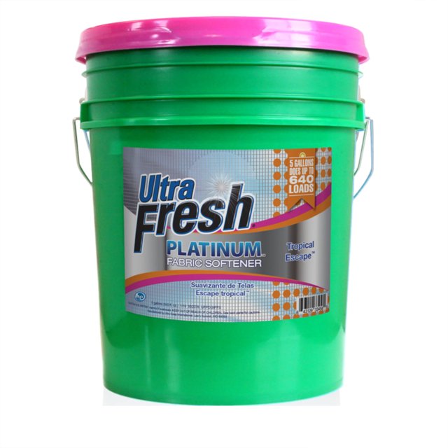 Ultra Fresh Platinum Fabric Softener Up to 640 Loads, Tropical Escape, 5 Gal. A large green plastic bucket with a pink lid, featuring a label that highlights the tropical escape scent and the capacity to handle up to 640 loads. The bucket includes a pump for easy dispensing and is compatible with both standard and high-efficiency washing machines. Suitable for septic systems when used as directed.